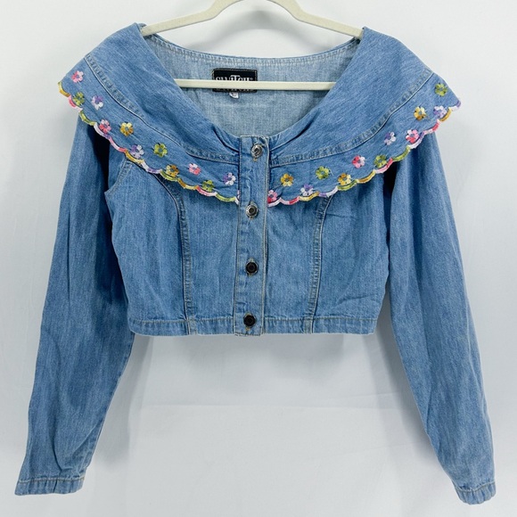 Vintage Tops - Vintage Switch Denim Floral Embroidered Peter Pan Collar Crop Top Large
